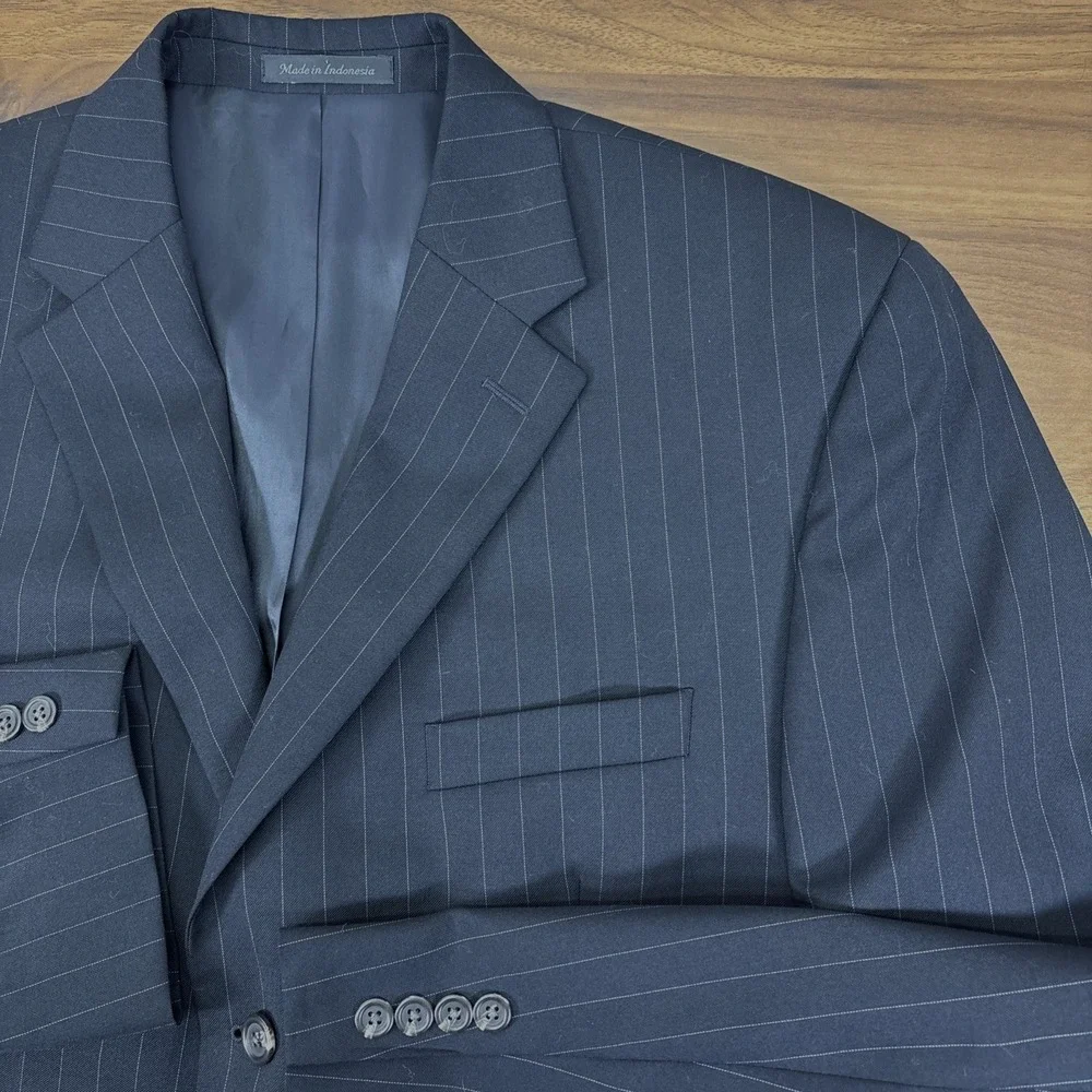 LAUREN Ralph Lauren Black Pinstripe 100% Wool 3 Button Summer Suit Jacket Sz 44L